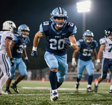 Dynamic low-angle shot of a high school running back sprinting through a gap in the line of scrimmage, stadium lights creating a halo effect, wearing a navy and light blue uniform, high-intensity focus on face, cinematic sports style.