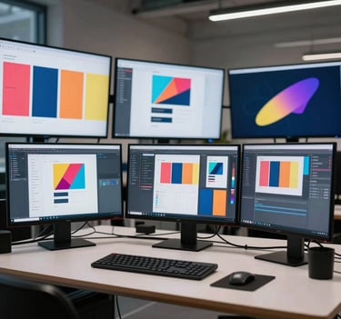 A wide shot of a modern design studio featuring large monitors showing vibrant graphic design work and branding concepts. The style is clean, professional, and reflects a deep understanding of visual storytelling and UX design.