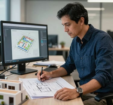Un arquitecto en una oficina profesional en Latinoamérica revisando planos digitales en una pantalla táctil junto a maquetas estructurales, atmósfera de innovación y seriedad técnica en azul oscuro.