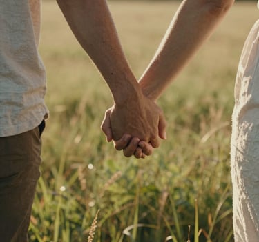 A vertical, intimate close-up photography of a couple's hands intertwined while walking through a sun-drenched meadow in the North American Pacific Northwest. The lighting is warm and golden hour, creating soft sand and charcoal shadows. Authentic, cinematic style with a focus on connection.