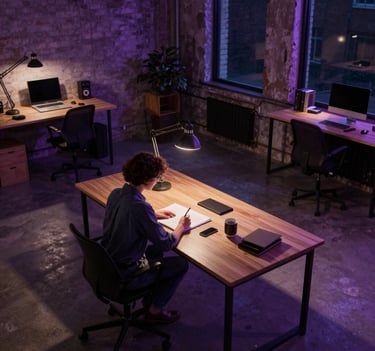 A high-angle shot of a writer in a modern, industrial North American loft office, working on a manuscript. The room is filled with atmospheric shadows, lit by a single desk lamp and deep purple ambient lighting.