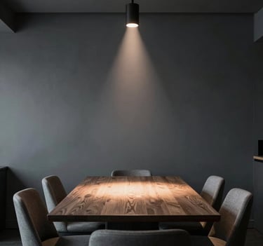 Sophisticated interior photography of a private dining room in Sydney, minimalist decor, charcoal grey walls, and a single spotlight on the table, creating a moody and exclusive cinematic vibe.