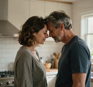 A portrait of the parents sharing a quiet, authentic moment of connection, foreheads touching, in a sun-drenched kitchen. The atmosphere is inviting and intimate, with cinematic lighting reflecting off Soft Sand walls.