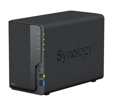 Synology DS223 two-bay NAS device in matte black with LED status indicators — compact private cloud storage for home use