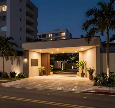 A wide cinematic shot of a modern residential entrance in a South American / Brazilian city at night. The area is perfectly illuminated with warm lights, showing a secure and peaceful atmosphere.