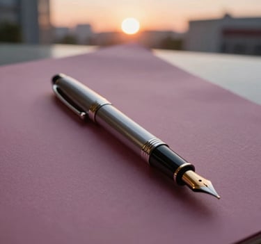 A close-up shot of an elegant fountain pen resting on a heavy, dusty mauve colored paper. The composition is clean and centered, shot in a professional International / Western office environment during sunset.