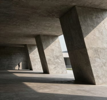 Cinematic wide shot of a concrete architectural structure with sharp shadows and highlights. A single figure is visible in the distance, providing scale. Palette includes charcoal #3A3F3B and light gray #C1C4BF. Sophisticated and professional tone.