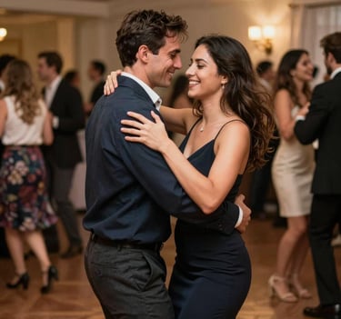 A candid shot of a couple dancing at a lively North American / US birthday celebration. The lighting is warm and inviting, highlighting their movement and genuine smiles. The aesthetic is clean and sophisticated, capturing a fleeting moment of pure happiness.