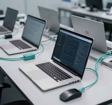 An eye-level shot of a professional cybersecurity lab, featuring silver laptops and muted sea teal colored cables organized neatly in a modern, clean environment.