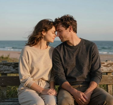 A couple leaning their foreheads together with eyes closed, sitting on a weathered wooden bench by the coast. They are wearing soft sand and charcoal tones. The scene is bathed in a warm, authentic evening light.
