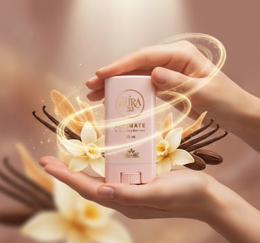 Aura 33 intieme lichaamsdeodorantstick, geflankeerd door vanillebonen en bloemen.