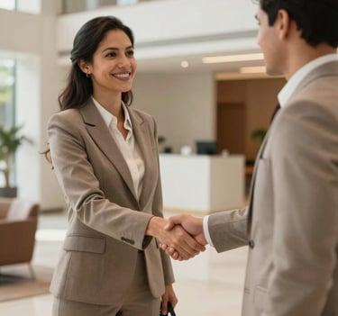 A detailed shot of a South American / Brazilian professional greeting a client with a handshake in a bright, modern lobby, elegant business attire, warm and professional atmosphere, muted taupe tones.