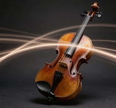 An abstract long-exposure photograph of light dancing across violin strings. The color palette features deep walnut browns and soft taupe highlights against a dark charcoal background.