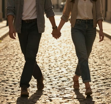 Cinematic shot of a couple holding hands while crossing a sun-drenched cobblestone street. Warm, golden late afternoon light, natural poses, emotional connection.