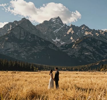 A wide-angle landscape photograph of a couple standing in a golden meadow at the base of the North American Rocky Mountains. The lighting is soft and warm, capturing a high-end, clean professional vibe with deep charcoal shadows and bright white clouds.