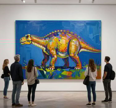 A group of modern art lovers viewing a large, vibrant Brachiosaurus painting in a minimalist gallery. The painting features bold acrylic strokes in #D87D51 and #1F3A4B, capturing a high-energy pop-art vibe.