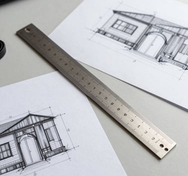 A top-down organized shot of architectural sketches and a Steel Grey ruler on a Light Silver workspace in a North American / US office environment. The lighting is bright and professional.