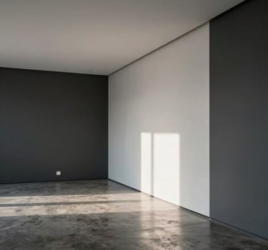 Interior of a modern gallery-like living space in a European Portuguese home. High ceilings, polished concrete floors, minimalist furniture. A single beam of natural light hitting a Snow White wall. Midnight Grey and Snow White contrast, sophisticated mood.
