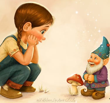 Illustration of a young girl with brown braided hair crouching down and smiling warmly at a cheerful garden gnome.