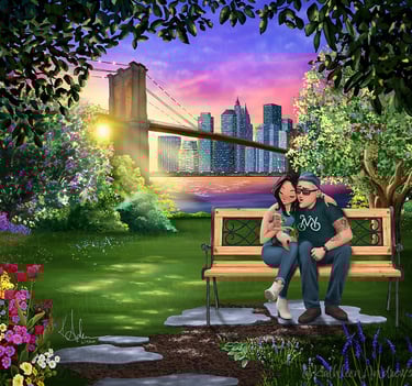 Romantic illustration couple on park bench with dog yorkie brooklyn bridge new york artwork art