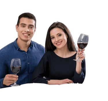 a man and woman holding wine glasses