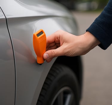 Mão usando testador de espessura de pintura laranja no paralama de um carro prateado.