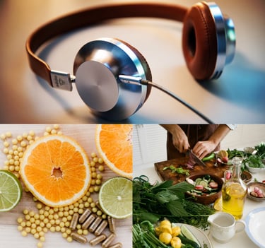 Collage of premium over-ear headphones, fresh citrus fruit with vitamin supplements, and a chef preparing a healthy salad.