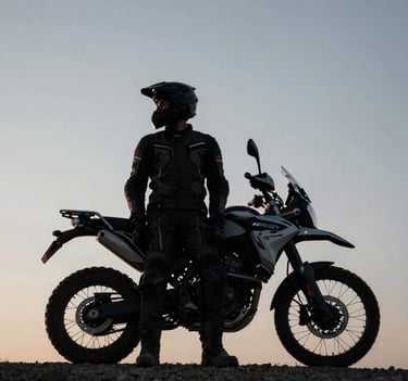 A lifestyle portrait of a rider in Global / Western outdoor gear standing next to a motorcycle, silhouetted against a cool silver grey morning sky. The composition is minimalist and edgy, focusing on the storytelling vibe of the journey.