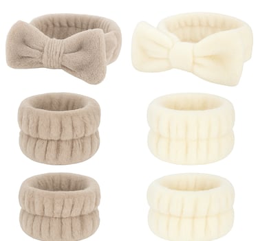Fluffy cream and beige headbands with wristbands.