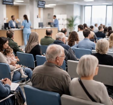 A busy waiting room with many patients waiting for care, illustrating public healthcare demand.