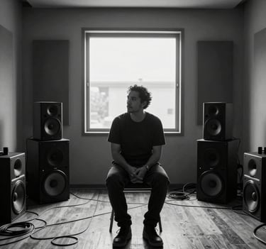 A candid, high-contrast black and white photograph of a sound artist sitting in a minimalist studio in Mexico. The artist is silhouetted against a large window, surrounded by speakers and cables in a neat, organized composition.