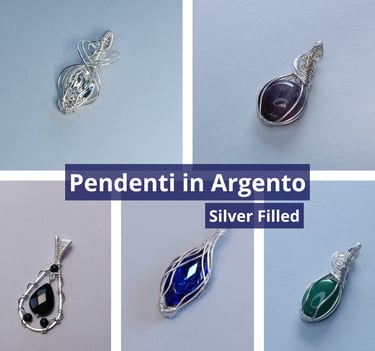 Pendenti Nìllia realizzati in argento Silver Filled, con la tecnica wire wrapping, con pietre naturali e cristalli