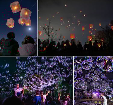 スカイランタンの打ち上げとバブルショーの様子が写る会場風景|堺市のイベント情報ならサカイタイムズ