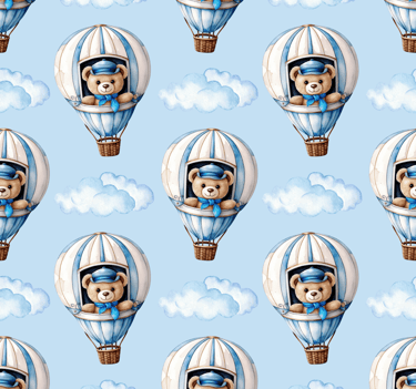 a teddy bear in a blue sky with clouds