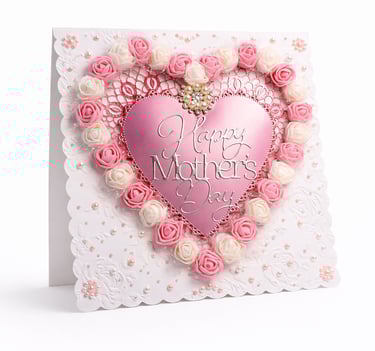 Handmade Mother's Day card featuring a pink heart and decorative foam roses.