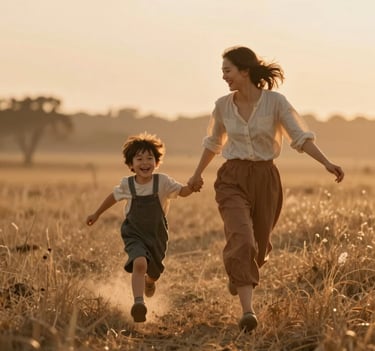 A spontaneous, cinematic photo of a mother and child laughing while running through a field during the golden hour. The lighting is warm and hazy, with soft sand tones #FDF8F0 and burnt terracotta #AD7B5B reflected in the sunlit environment. Heartfelt and welcoming atmosphere.