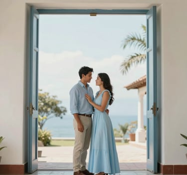 An artistic portrait of a couple intended for a large entrance frame. Elegant pose in a South American / Colombian setting, soft focus background, modern style with a palette of pale sky blue and soft off-white.