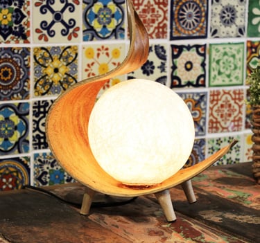 a wooden table with a wooden bowl on it