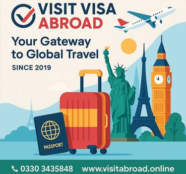Visit Visa Abroad – Global travel services since 2019 with passport, suitcase, airplane, and famous