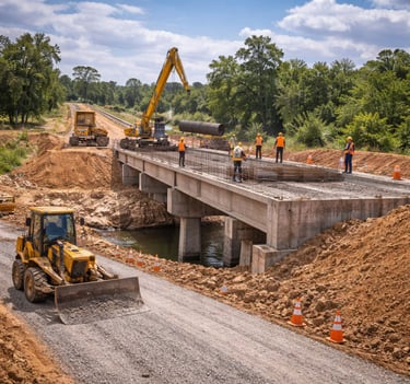 Obra civil com ponte e máquinas em linha de transmissão