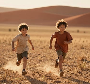 A candid shot of two young children running through a field in a North American / General Western countryside. Their hair is backlit by a low sun, creating a glowing halo effect. The colors are warm and dominated by soft sand and deep terracotta earth tones.
