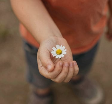 A detailed, intimate shot of a child's hand holding a single wildflower. The background is a soft blur of earthy muted brown and warm terracotta orange tones. Film-like texture.