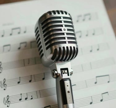 A sophisticated close-up of a vintage microphone and a handwritten music score, soft lighting using #91AA9D and #E6EBE0 tones, symbolizing the songwriting process and personal resilience.