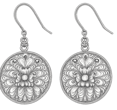 A pair of dangling silver earrings with intricate circular designs on a light grey background.