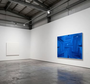 A wide shot of an industrial warehouse gallery in the International / Urban Art Scene with white walls, exposing brushed metal beams and a large contemporary artwork featuring vibrant electric blue strokes.