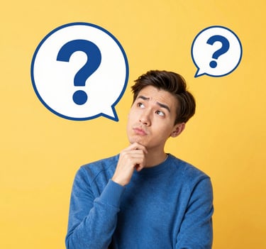 3D glossy question mark with a purple and yellow gradient on a matching yellow background.