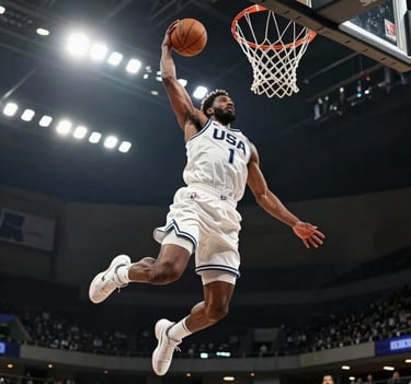 Low angle shot of a professional basketball player mid-air during a dunk, dramatic stadium lighting in off-white against a dark charcoal sky, high-tech sports apparel, North American / US city court, sharp focus on motion and power.