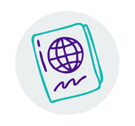 Minimalist icon of a passport with a globe symbol representing international travel and global access.