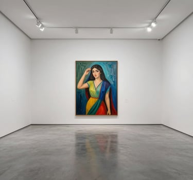 A wide-angle, minimalist photography of a white-walled museum gallery in the Middle East. A single, massive colorful painting by Khaled Tirikli featuring the female figure is centered on the far wall. Polished grey floors and bright, professional spotlights.