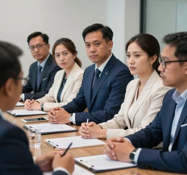 A candid shot of professional collaboration in a Southeast Asian / Indonesian corporate boardroom, people discussing a project with serious but calm expressions, dressed in smart slate blue and off-white attire.